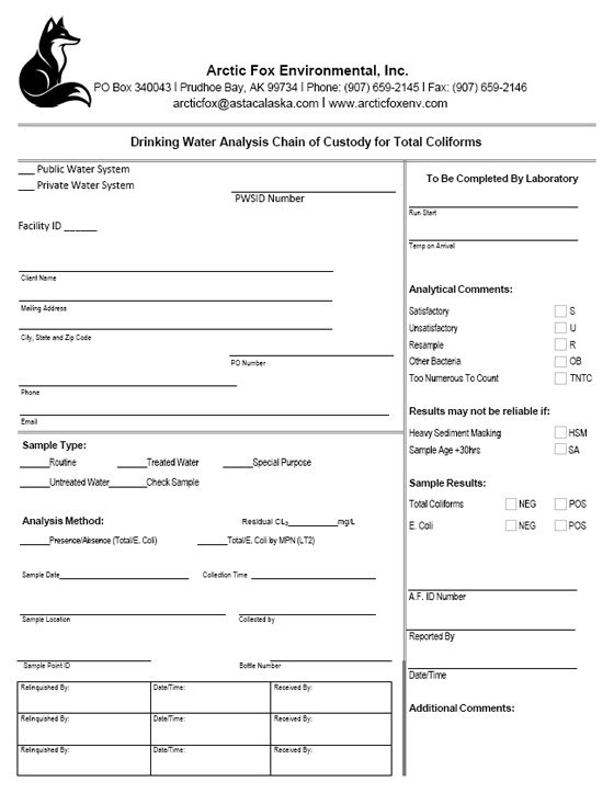 Chain of Custody for Total Coliforms form, image