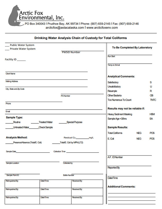 Chain of Custody for Total Coliforms form, image