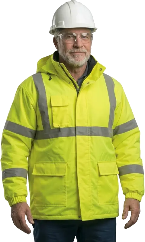 Senior environmental technician with a professional, balanced smile, cropped in a vertical portrait format that focuses on the high-visibility safety gear and hard hat.